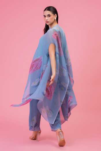 Preeti Mehta Blue Chiffon, Lurex Round Neck Petals Moonlit Kaftan And Pant Set Online at Aza Fashions Preeti Mehta_Blue Chiffon, Lurex Round Neck Petals Moonlit Kaftan And Pant Set _Online_at_Aza_Fashions
