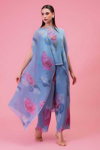 Buy Preeti Mehta Blue Chiffon, Lurex Round Neck Petals Moonlit Kaftan And Pant Set Online at Aza Fashions Buy_Preeti Mehta_Blue Chiffon, Lurex Round Neck Petals Moonlit Kaftan And Pant Set _Online_at_Aza_Fashions