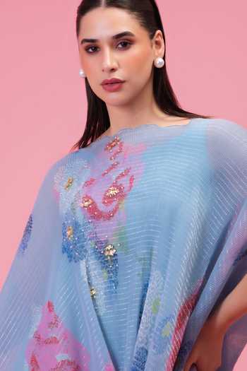 Shop Preeti Mehta Blue Chiffon, Lurex Round Neck Petals Moonlit Kaftan And Pant Set Online at Aza Fashions Shop_Preeti Mehta_Blue Chiffon, Lurex Round Neck Petals Moonlit Kaftan And Pant Set _Online_at_Aza_Fashions