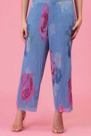 Preeti Mehta Blue Chiffon, Lurex Round Neck Petals Moonlit Kaftan And Pant Set at Aza Fashions Preeti Mehta_Blue Chiffon, Lurex Round Neck Petals Moonlit Kaftan And Pant Set _at_Aza_Fashions