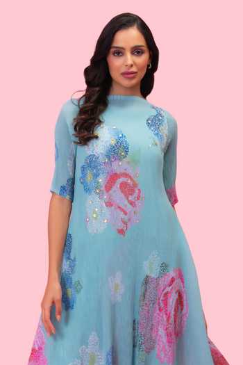 Preeti Mehta Blue Georgette, Viscose, Polyester Morning Blossom Petals Kurta And Palazzo Set Online at Aza Fashions Preeti Mehta_Blue Georgette, Viscose, Polyester Morning Blossom Petals Kurta And Palazzo Set _Online_at_Aza_Fashions