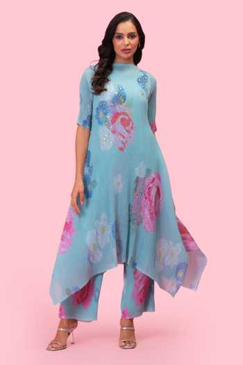 Shop Preeti Mehta Blue Georgette, Viscose, Polyester Morning Blossom Petals Kurta And Palazzo Set Online at Aza Fashions Shop_Preeti Mehta_Blue Georgette, Viscose, Polyester Morning Blossom Petals Kurta And Palazzo Set _Online_at_Aza_Fashions