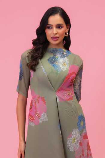 Preeti Mehta Olive Green Georgette, Viscose, Polyester Petals Melody Mist Tunic And Pant Set Online at Aza Fashions Preeti Mehta_Olive Green Georgette, Viscose, Polyester Petals Melody Mist Tunic And Pant Set _Online_at_Aza_Fashions
