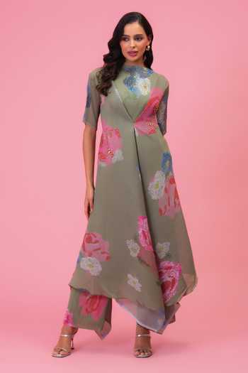 Buy Preeti Mehta Olive Green Georgette, Viscose, Polyester Petals Melody Mist Tunic And Pant Set Online at Aza Fashions Buy_Preeti Mehta_Olive Green Georgette, Viscose, Polyester Petals Melody Mist Tunic And Pant Set _Online_at_Aza_Fashions