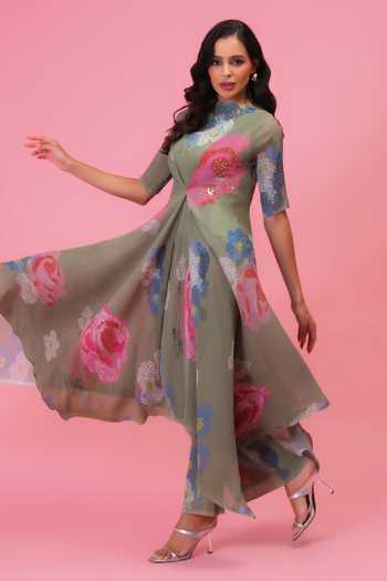 Shop Preeti Mehta Olive Green Georgette, Viscose, Polyester Petals Melody Mist Tunic And Pant Set Online at Aza Fashions Shop_Preeti Mehta_Olive Green Georgette, Viscose, Polyester Petals Melody Mist Tunic And Pant Set _Online_at_Aza_Fashions