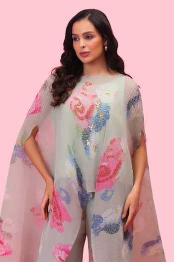 Buy Preeti Mehta Green Chiffon, Lurex Round Neck Petals Breeze Soft Pistachio Kaftan And Pant Set Online at Aza Fashions Buy_Preeti Mehta_Green Chiffon, Lurex Round Neck Petals Breeze Soft Pistachio Kaftan And Pant Set _Online_at_Aza_Fashions