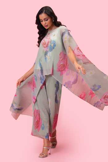 Shop Preeti Mehta Green Chiffon, Lurex Round Neck Petals Breeze Soft Pistachio Kaftan And Pant Set Online at Aza Fashions Shop_Preeti Mehta_Green Chiffon, Lurex Round Neck Petals Breeze Soft Pistachio Kaftan And Pant Set _Online_at_Aza_Fashions