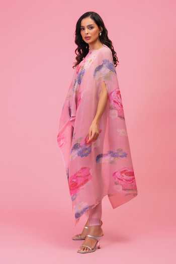 Preeti Mehta Pink Chiffon, Lurex Round Neck Petals Poetry Pleated Kaftan And Pant Set Online at Aza Fashions Preeti Mehta_Pink Chiffon, Lurex Round Neck Petals Poetry Pleated Kaftan And Pant Set _Online_at_Aza_Fashions