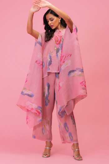 Buy Preeti Mehta Pink Chiffon, Lurex Round Neck Petals Poetry Pleated Kaftan And Pant Set Online at Aza Fashions Buy_Preeti Mehta_Pink Chiffon, Lurex Round Neck Petals Poetry Pleated Kaftan And Pant Set _Online_at_Aza_Fashions