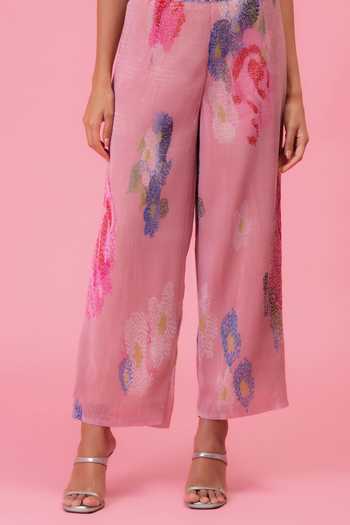 Shop Preeti Mehta Pink Chiffon, Lurex Round Neck Petals Poetry Pleated Kaftan And Pant Set Online at Aza Fashions Shop_Preeti Mehta_Pink Chiffon, Lurex Round Neck Petals Poetry Pleated Kaftan And Pant Set _Online_at_Aza_Fashions