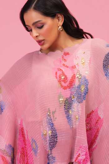 Preeti Mehta Pink Chiffon, Lurex Round Neck Petals Poetry Pleated Kaftan And Pant Set at Aza Fashions Preeti Mehta_Pink Chiffon, Lurex Round Neck Petals Poetry Pleated Kaftan And Pant Set _at_Aza_Fashions