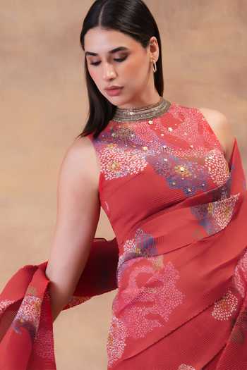 Shop Preeti Mehta Coral Georgette, Viscose, Polyester High Neck Blush Bloom Pre-draped Saree Set Online at Aza Fashions Shop_Preeti Mehta_Coral Georgette, Viscose, Polyester High Neck Blush Bloom Pre-draped Saree Set _Online_at_Aza_Fashions