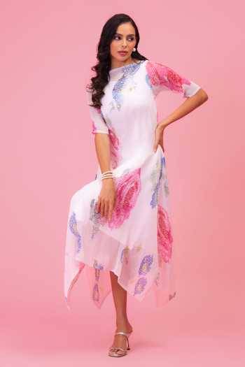 Preeti Mehta Ivory Chiffon, Lurex Boat Neck Petals Poetry Dress Online at Aza Fashions Preeti Mehta_Ivory Chiffon, Lurex Boat Neck Petals Poetry Dress _Online_at_Aza_Fashions