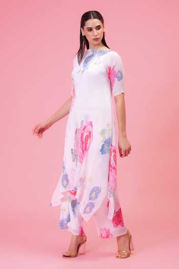 Preeti Mehta Ivory Chiffon, Lurex Boat Neck Petals Poetry Print Kurta And Pant Set Online at Aza Fashions Preeti Mehta_Ivory Chiffon, Lurex Boat Neck Petals Poetry Print Kurta And Pant Set _Online_at_Aza_Fashions