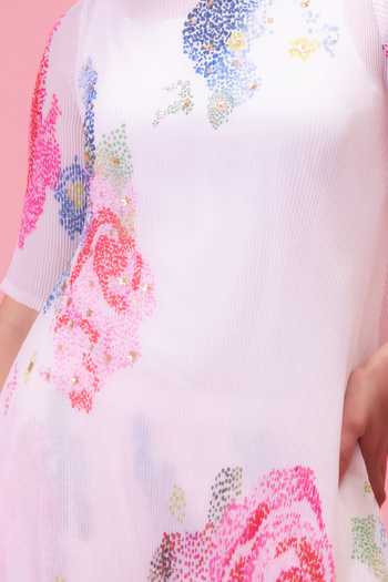 Shop Preeti Mehta Ivory Chiffon, Lurex Boat Neck Petals Poetry Print Kurta And Pant Set Online at Aza Fashions Shop_Preeti Mehta_Ivory Chiffon, Lurex Boat Neck Petals Poetry Print Kurta And Pant Set _Online_at_Aza_Fashions
