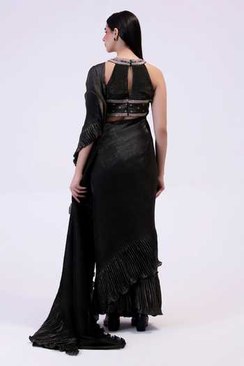 Preeti Mehta Shadow Steel Pre-Draped Saree Set 