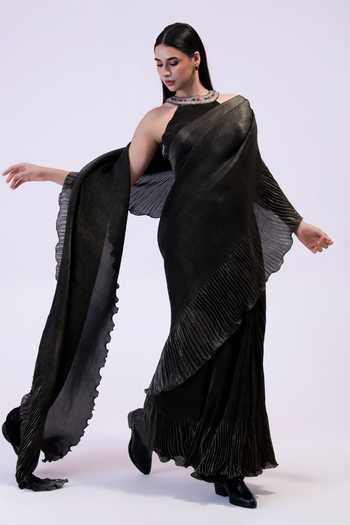 Preeti Mehta Black Georgette, Satin Choker Neck Shadow Steel Pre-draped Saree Set Online at Aza Fashions Preeti Mehta_Black Georgette, Satin Choker Neck Shadow Steel Pre-draped Saree Set _Online_at_Aza_Fashions
