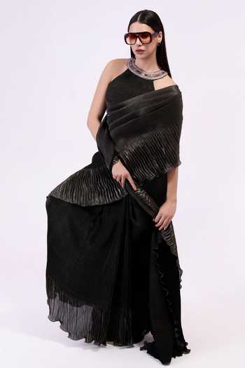 Buy Preeti Mehta Black Georgette, Satin Choker Neck Shadow Steel Pre-draped Saree Set Online at Aza Fashions Buy_Preeti Mehta_Black Georgette, Satin Choker Neck Shadow Steel Pre-draped Saree Set _Online_at_Aza_Fashions