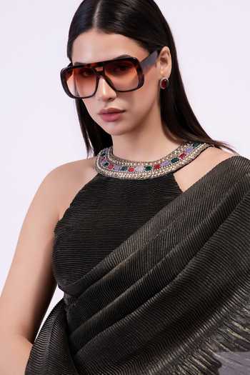 Shop Preeti Mehta Black Georgette, Satin Choker Neck Shadow Steel Pre-draped Saree Set Online at Aza Fashions Shop_Preeti Mehta_Black Georgette, Satin Choker Neck Shadow Steel Pre-draped Saree Set _Online_at_Aza_Fashions