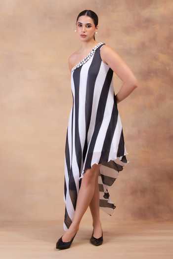 Buy Preeti Mehta Black Georgette One Shoulder Ivory Noir Flow Dress Online at Aza Fashions Buy_Preeti Mehta_Black Georgette One Shoulder Ivory Noir Flow Dress _Online_at_Aza_Fashions