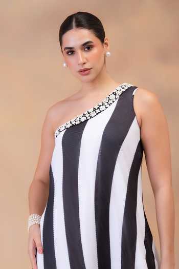 Shop Preeti Mehta Black Georgette One Shoulder Ivory Noir Flow Dress Online at Aza Fashions Shop_Preeti Mehta_Black Georgette One Shoulder Ivory Noir Flow Dress _Online_at_Aza_Fashions