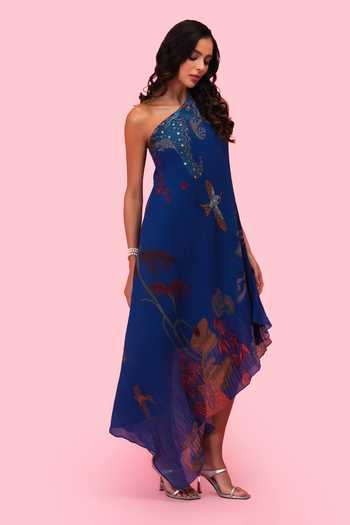 Preeti Mehta Blue Georgette One Shoulder Brahmand Dress Online at Aza Fashions Preeti Mehta_Blue Georgette One Shoulder Brahmand Dress _Online_at_Aza_Fashions