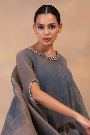 Preeti Mehta_Blue Tissue, Satin Round Neck Metallic Steel Kaftan And Dhoti Skirt Set _Online_at_Aza_Fashions