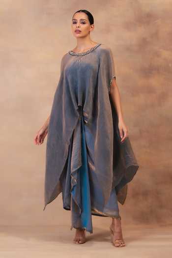 Buy_Preeti Mehta_Blue Tissue, Satin Round Neck Metallic Steel Kaftan And Dhoti Skirt Set _Online_at_Aza_Fashions