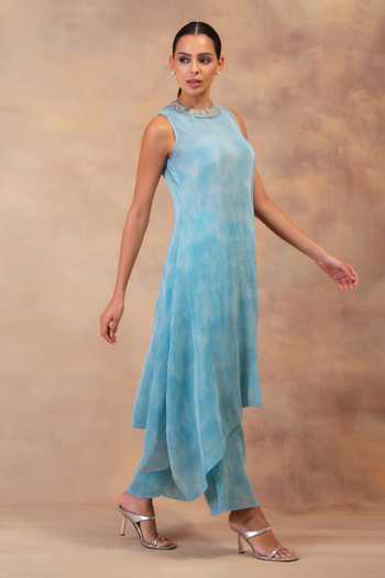 Preeti Mehta_Blue Georgette, Satin Round Neck, Yes Cloud Drift Pleated Tunic And Pant Set _Online_at_Aza_Fashions