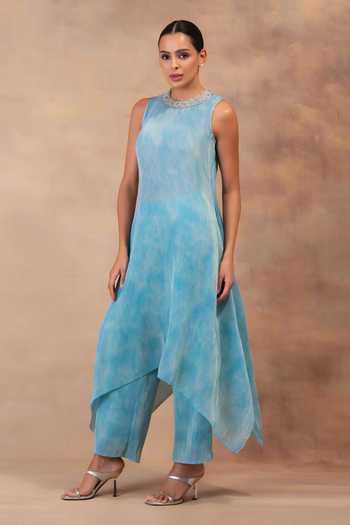 Buy_Preeti Mehta_Blue Georgette, Satin Round Neck, Yes Cloud Drift Pleated Tunic And Pant Set _Online_at_Aza_Fashions