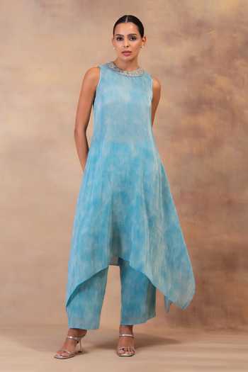 Shop_Preeti Mehta_Blue Georgette, Satin Round Neck, Yes Cloud Drift Pleated Tunic And Pant Set _Online_at_Aza_Fashions