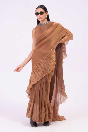 Preeti Mehta Metalic Chestnut Pre-Draped Saree Set 