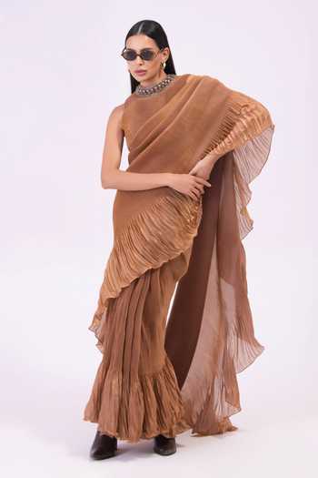Preeti Mehta Metalic Chestnut Pre-Draped Saree Set 