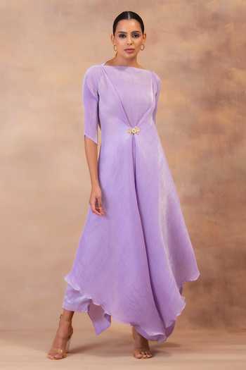 Shop Preeti Mehta Purple Georgette, Satin Boat Neck Amethyst Flow Layered Tunic And Pant Set Online at Aza Fashions Shop_Preeti Mehta_Purple Georgette, Satin Boat Neck Amethyst Flow Layered Tunic And Pant Set _Online_at_Aza_Fashions