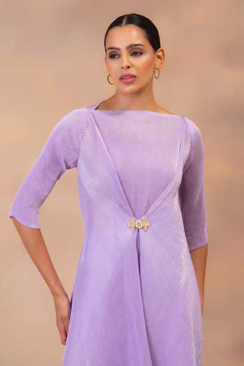 Preeti Mehta Purple Georgette, Satin Boat Neck Amethyst Flow Layered Tunic And Pant Set at Aza Fashions Preeti Mehta_Purple Georgette, Satin Boat Neck Amethyst Flow Layered Tunic And Pant Set _at_Aza_Fashions