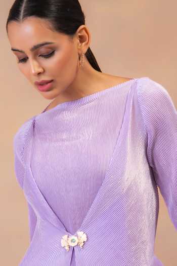 Buy Preeti Mehta Purple Georgette, Satin Boat Neck Amethyst Flow Layered Tunic And Pant Set Buy_Preeti Mehta_Purple Georgette, Satin Boat Neck Amethyst Flow Layered Tunic And Pant Set