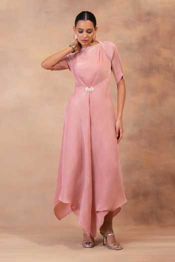Preeti Mehta Pink Georgette, Satin High Neck Blush Layered Tunic And Pant Set Online at Aza Fashions Preeti Mehta_Pink Georgette, Satin High Neck Blush Layered Tunic And Pant Set _Online_at_Aza_Fashions