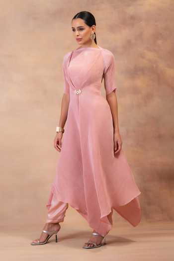 Buy Preeti Mehta Pink Georgette, Satin High Neck Blush Layered Tunic And Pant Set Online at Aza Fashions Buy_Preeti Mehta_Pink Georgette, Satin High Neck Blush Layered Tunic And Pant Set _Online_at_Aza_Fashions