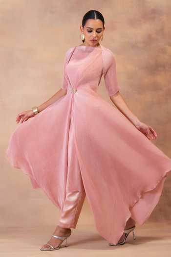 Shop Preeti Mehta Pink Georgette, Satin High Neck Blush Layered Tunic And Pant Set Online at Aza Fashions Shop_Preeti Mehta_Pink Georgette, Satin High Neck Blush Layered Tunic And Pant Set _Online_at_Aza_Fashions