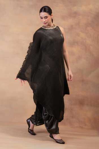 Preeti Mehta Black Georgette, Satin High Neck, Showdown Steel Draped Tunic And Dhoti Pant Set Online at Aza Fashions Preeti Mehta_Black Georgette, Satin High Neck, Showdown Steel Draped Tunic And Dhoti Pant Set _Online_at_Aza_Fashions