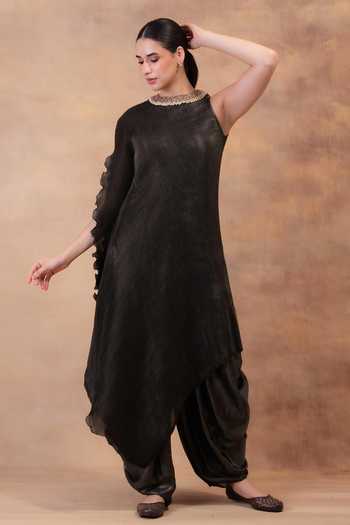 Preeti Mehta Showdown Steel Draped Tunic & Dhoti Pant Set 