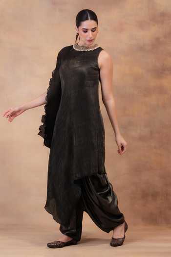Shop Preeti Mehta Black Georgette, Satin High Neck, Showdown Steel Draped Tunic And Dhoti Pant Set Online at Aza Fashions Shop_Preeti Mehta_Black Georgette, Satin High Neck, Showdown Steel Draped Tunic And Dhoti Pant Set _Online_at_Aza_Fashions