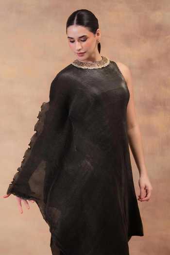 Preeti Mehta Black Georgette, Satin High Neck, Showdown Steel Draped Tunic And Dhoti Pant Set at Aza Fashions Preeti Mehta_Black Georgette, Satin High Neck, Showdown Steel Draped Tunic And Dhoti Pant Set _at_Aza_Fashions