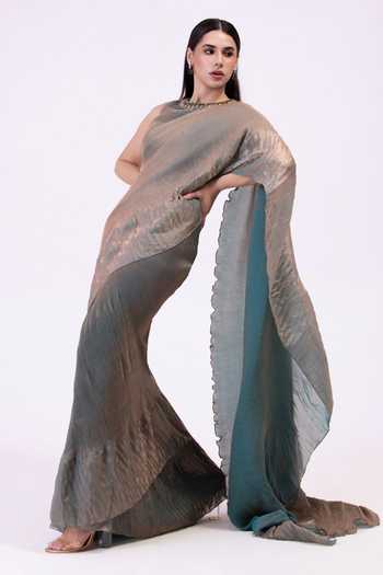 Buy Preeti Mehta Green Tissue Round Neck Metallic Moss Pre-draped Saree Set Online at Aza Fashions Buy_Preeti Mehta_Green Tissue Round Neck Metallic Moss Pre-draped Saree Set _Online_at_Aza_Fashions