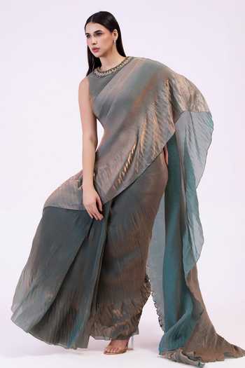 Shop Preeti Mehta Green Tissue Round Neck Metallic Moss Pre-draped Saree Set Online at Aza Fashions Shop_Preeti Mehta_Green Tissue Round Neck Metallic Moss Pre-draped Saree Set _Online_at_Aza_Fashions