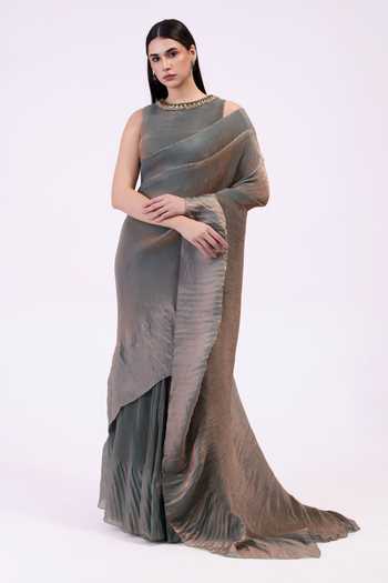 Preeti Mehta Green Tissue Round Neck Metallic Moss Pre-draped Saree Set at Aza Fashions Preeti Mehta_Green Tissue Round Neck Metallic Moss Pre-draped Saree Set _at_Aza_Fashions