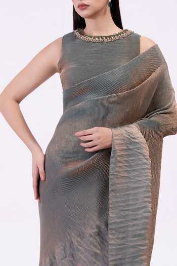 Buy Preeti Mehta Green Tissue Round Neck Metallic Moss Pre-draped Saree Set Buy_Preeti Mehta_Green Tissue Round Neck Metallic Moss Pre-draped Saree Set