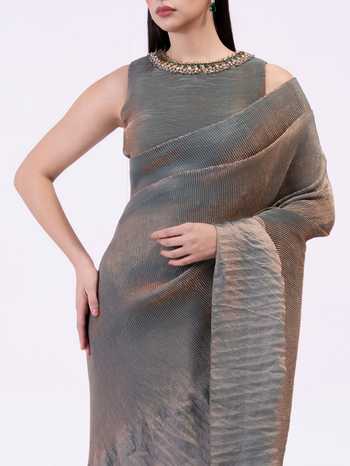 Shop Preeti Mehta Green Tissue Round Neck Metallic Moss Pre-draped Saree Set Shop_Preeti Mehta_Green Tissue Round Neck Metallic Moss Pre-draped Saree Set
