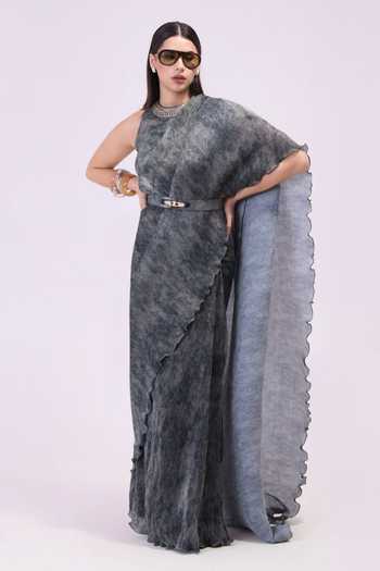 Preeti Mehta_Grey Georgette, Satin High Neck Smoke Steel Pre-draped Saree Set _Online_at_Aza_Fashions