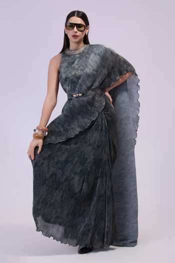 Shop_Preeti Mehta_Grey Georgette, Satin High Neck Smoke Steel Pre-draped Saree Set _Online_at_Aza_Fashions